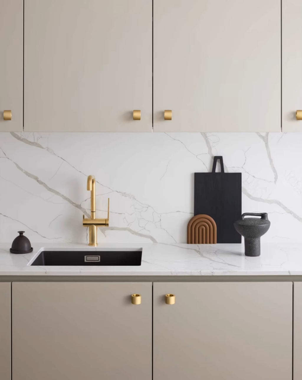 Modern contemporary textured kitchen cabinet round knob satin brass