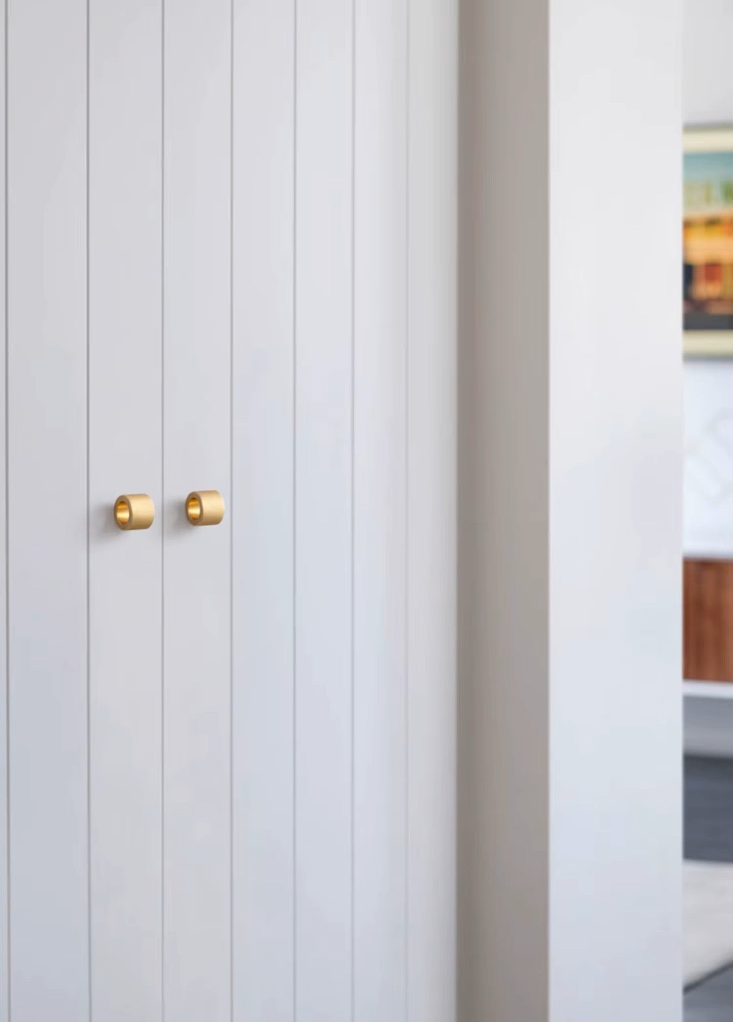 Modern contemporary textured kitchen cabinet round knob satin brass